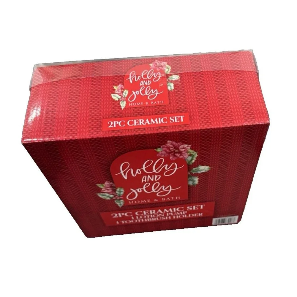 Holly & Jolly Christmas Bath Set 2pc Soap Dispenser & Tooth Brush Holder New